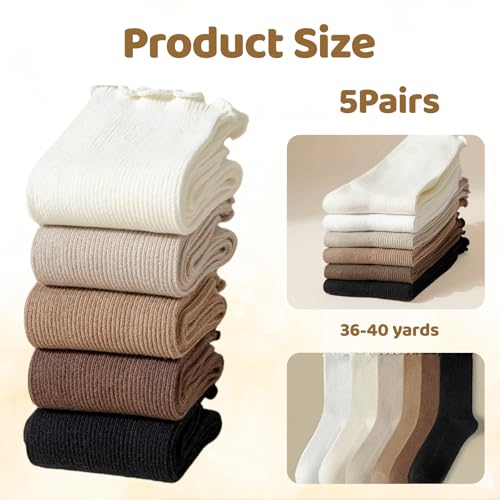 Xanthelle Rüschen Socken Damen, 5 Paar Dünne Merino Wolle Rüschensocken, Söckchen mit Rüschen, Trachtensocken & Dirndl Socken, Weiche Winter Boot Socks(36-40)