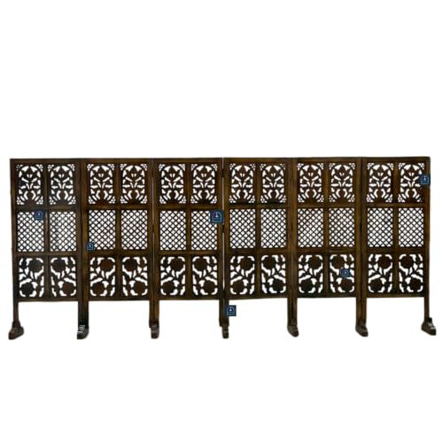 Image of Wooden Room Partition Screen with Burnt Wood Finish | Hand Buffed Traditional Handicraft Room Divider | Indoor Room Separator | Puja Room Divider (6 Panel 4 Feet with Stands)