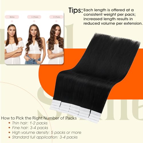 Image of Full Shine Tape in Hair Extensions Human Hair,1B Off Black,10Inch 30G 20Pcs,Seamless Invisible Tape in Extensions for Thin Hair,Add Natural Volume And Length,Remy Human Hair