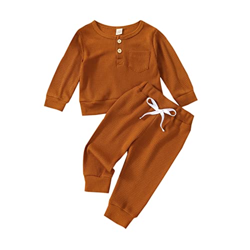 ITFABS Unisex Newborn Baby Boy Girl Clothes Ribbed Long Sleeve Pullover T-Shirts Tees Tops Pants Outfits Toddler Clothes (Brown B, 6-12 months)