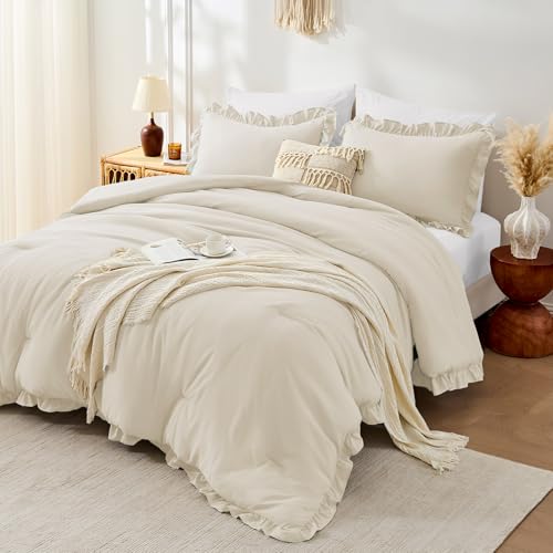 Image of FUANNA Full Size Comforter Sets Cream White, 3 Pieces Ruffle Full Size Bedding Sets, Fluffy Bed in a Bag Full for All Seasons, Shabby Chic Full Bed Set with 1 Lightweight Comforter & 2 Pillowshams