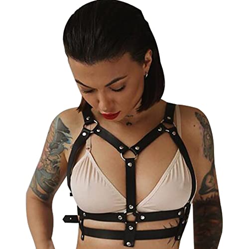 BDSMYEE Leder Harness, BDSM Dessous, BH Body Harness, Sexy Outfit für Damen, Domina, Rave, Fetisch Kleidung (F)
