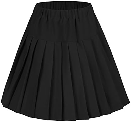 Women's Elastic Waist Plaid Pleated Skirt Tartan Skater School Uniform Mini Skirts (Large, Solid Balck)