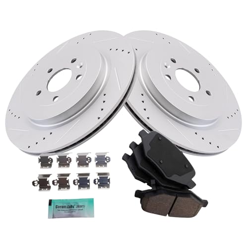Image of TRQ Performance Brake Pad & Rotor Kit Slotted X Drilled Ceramic Premium G-Coated Compatible with 13-19 Ford 12-14 Lincoln