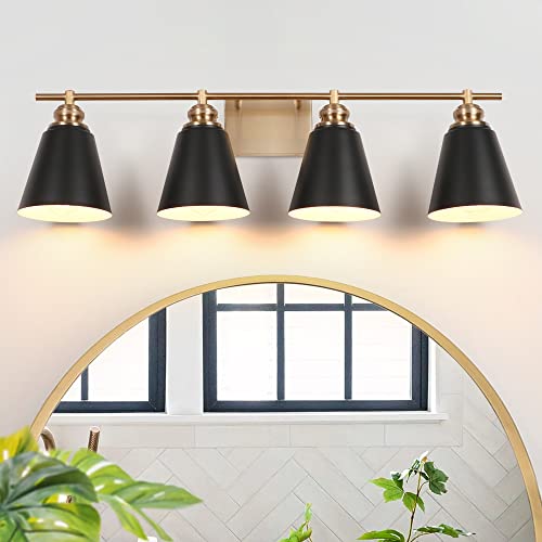 Image of 31.5-Inch 4-Light Farmhouse Bathroom Vanity Light, Black and Gold | Matte black metal shades, white interiors, 4 E26 sockets, 60W max each, dimmable, ETL listed, bathroom mirrors, bedrooms