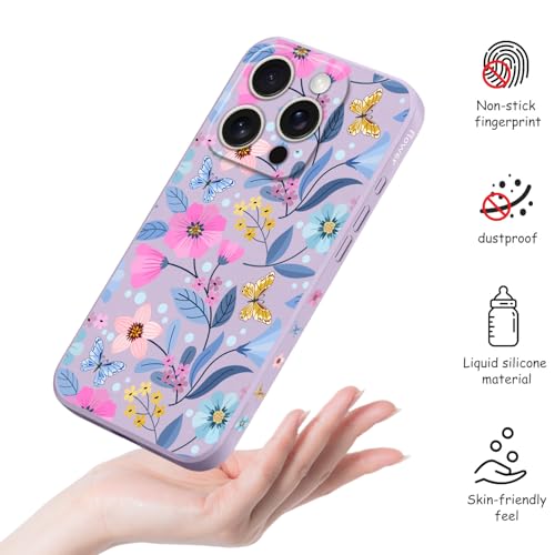 Coque silicone iPhone 16 Pro fine protège des rayures violet fleur LEECG