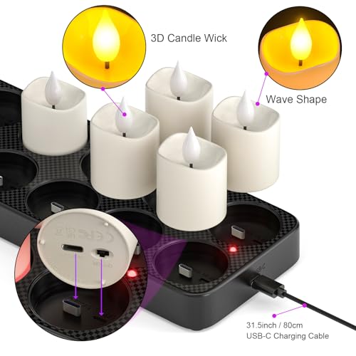 PChero Rechargeable Flameless Candles with Remote Timer & Charging Base, 12 Pack Votive Candles Battery Operated Tea Lights Flickering, LED Tealights for Home Wedding Halloween Fall Christmas Decor