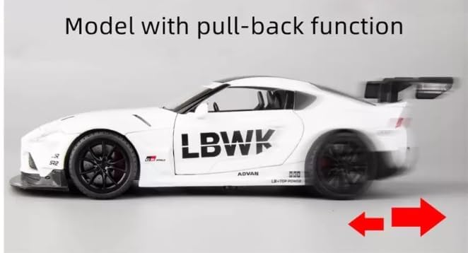 Image of PINQUE Kids 1:24 Toyota Supra GR LBWK Diecast Alloy Metal Pull Back Car With Openable Doors, Music, Sound and Light - Vehicle Toy for Boys (White)