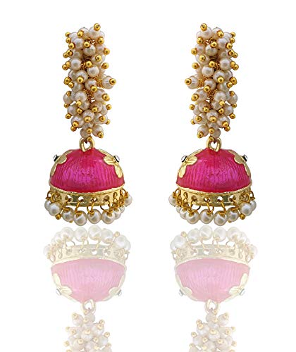 Moonstruck Golden Meenakari Jhumkas With White Pearls For Women (Green)