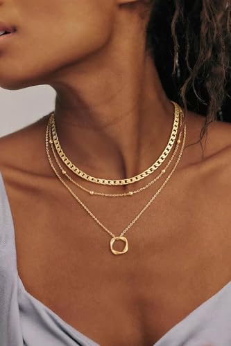 Layered Gold Necklaces for Women, Layering Stackable Dainty 14K Gold Plated Circle Pearl Rectangle Pendant Choker Necklace for Women Trendy Cuban Link Snake Chain Necklace Fashion Jewelry Sets4