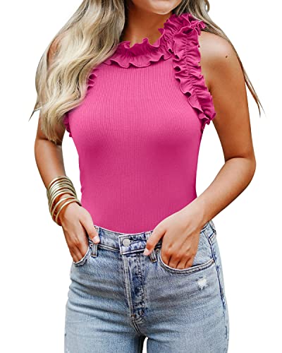 Image of WAYMAKER Women's Sleeveless Racer Back Ruffle Mock Turtle Neck Ribbed Bodysuit Tank Tops