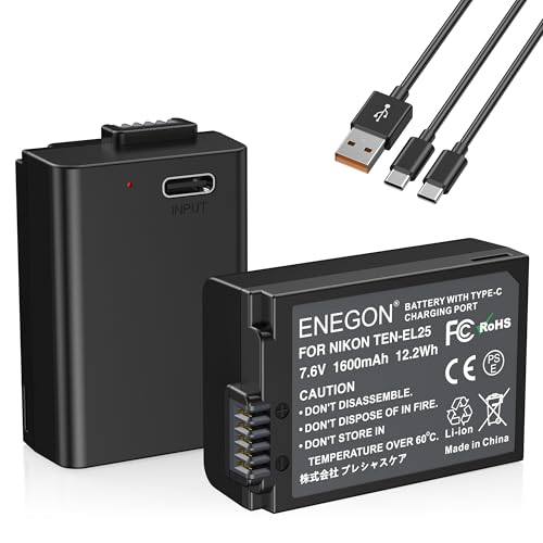 ENEGON Baterías de Repuesto Recargables EN-EL25/EL25A con Carga Directa USB-C 1600mAh (2 Unidades) con Cable de Carga Tipo C 2 en 1 para Nikon Serie Z, Z50, Z30, Z FC,Nikon EN-EL25/EL25A,4241 y MH-32