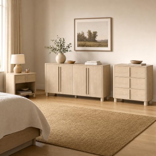 Image of Caldera Collection 3-Piece Furniture Set, Faux Marble & Wood Storage Set with Nightstand, 3 Drawer Accent Cabinet and 4 Door Sideboard Buffet Cabinet, Curved Design with Rounded Body, Natural Wood