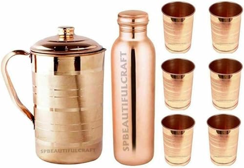 HRS India - Brocca per acqua in puro rame, 2 litri, fatta a mano, 900 ml, 6 bicchieri in vetro, set da 4