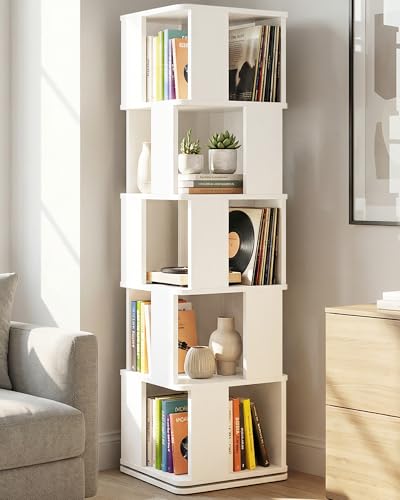 Foxemart 5-Tier Rotating Bookshelf Tower 360 Spinning Modern Book Storage Bookcase Stable Display Corner Book Shelf for Kids Room Living Room Bedroom Home Office White