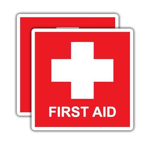 Image of WSQ First Aid Sticker Decal, Emergency 4 x 4 Inches, for Box, Emergency First Aid Kit Signs Water Resistance Multicolor Size 4 Inches 2 Pack