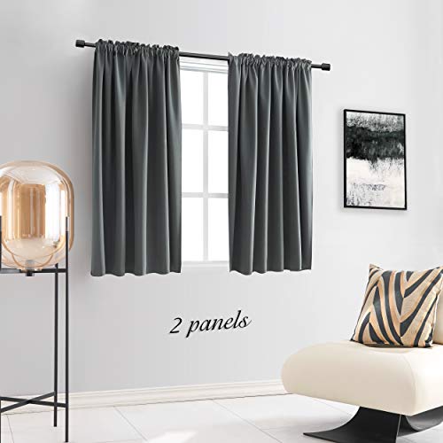 Image of DONREN 48 Inch Length Grey Blackout Curtains for Bedroom - Small Window Treatment Rod Pocket Curtain Drapes (Medium Grey,Set of 2 Panels,52 W x 48 L)