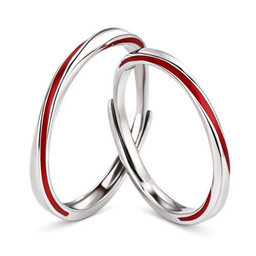1 paio di anelli con linea rossa, anelli di coppia in argento sterling 925, anelli regolabili con nastro di Möbius in argento sterling 925, adatti per uomini e donne.