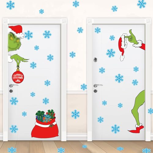 Christmas Door Decorations Large Double-Sided Christmas Door Stickers Window Stickers Removable with Extra 38 PCS Snowflakes Xmas Indoor Home Decor for Glass Wall Office Room Garage 6 Sheets