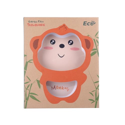 Image of Bamboo Kids Feeding Set of 5 |Kids Crockery Set Tableware |Baby Utensils and Dishes Set | Eco-Friendly |Organic & Natural (Mischievous Monkey)