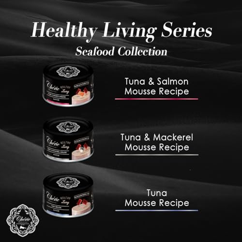 Image of CHERIE Healthy Living Wet Cat Food Seafood Variety, 24 Pack, 2.8 oz. Can | with Premium Tuna, Salmon, Mackerel - Silky Mousse Texture, Grain-Free, for All Life Stages - Kitten /Adult /Senior