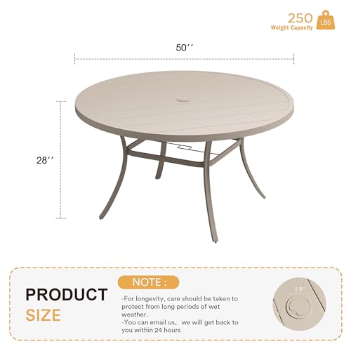 Image of VICLLAX 50 inch Outdoor Round Patio Table with Umbrella Hole, All Weather Metal Round Outdoor Dining Table for Lawn Garden, 6-8 Person Table, Sandshell