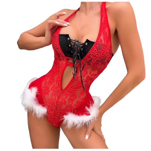 Lingerie féminine festive en dentelle rouge et ensemble à carreaux coquin