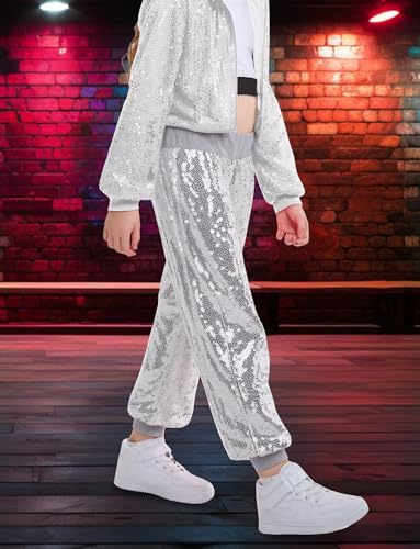 SEAUR Kinder Tanzhose Pailletten Hip Hop Hose Mädchen Jungen Party Tanz Streetwear Glitzer Jogginghose Elastischer Bund - 140(EU 134-140)