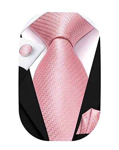 Hi-Tie Solid Mens Blush Pink Ties Wedding Silk Necktie And Pocket Square Cufflinks Set For Prom Dinner #TOP16