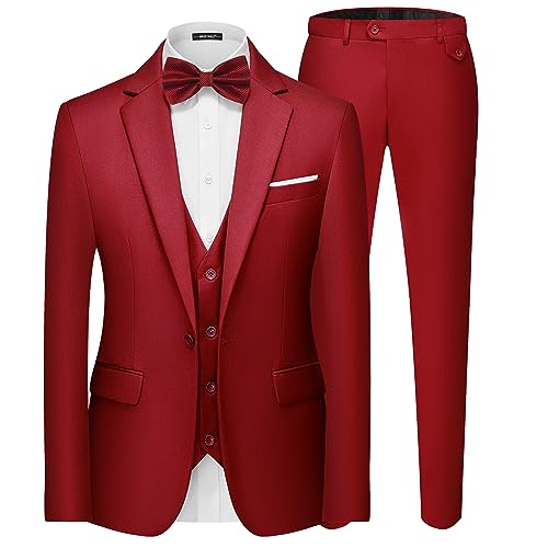 MAGE MALE Men's 3 Pieces Suit Elegant Solid One Button Slim Fit Single Breasted Party Blazer Vest Pants Set Red
