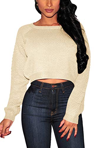 Pink Queen Crop Sweaters for Women Trendy Crew Neck Long Sleeve Fall Ribbed Pullover Cropped Knit Tops