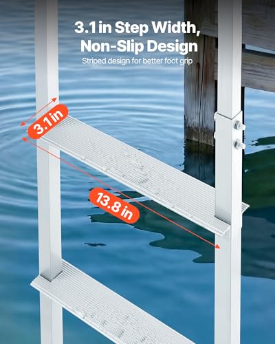 Image of VEVOR Removable Dock Ladder, 4 Steps, Aluminum Alloy Pontoon Boat Swim Ladder, with Non-Slip Wide Steps, 500 lbs Weight Capacity, Quick Release Design, for Lake Swimming, Pool, Boat, Marine Boarding