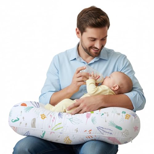 Little Grape Land Nursing Pillow for Breastfeeding, Ergonomic Feeding Pillow with Removable Cover, Baby Feeding Pillow with Hidden Zipper Guard and Supportive Breathable Filling, Ocean, Upgraded