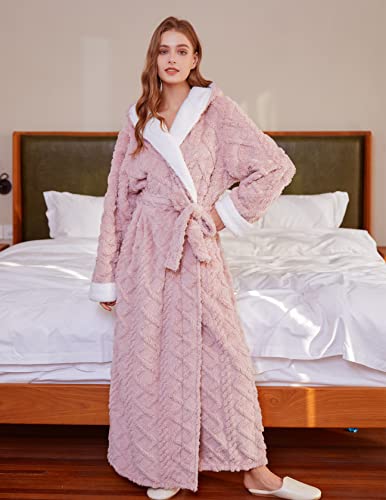 LKG Women Hooded Fleece Robe,Lightweight Plush Warm Winter Bathrobes for Women Full Length (Medium, Pink)3