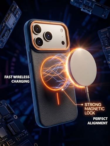 Image of amazon basics Luxury MagSafe Compatible Leather Texture Back Cover for iPhone 17 Pro | Raised Camera Protection | Slim Fit Shockproof Case with Metallic Accents (Black)