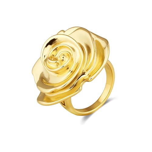 Mytys Cocktail Rings for Women Fashion 18K Gold Plated & Silver Flower Statement Ring Wedding Engagement Party Jewelry Gift (Big Gold, 7)