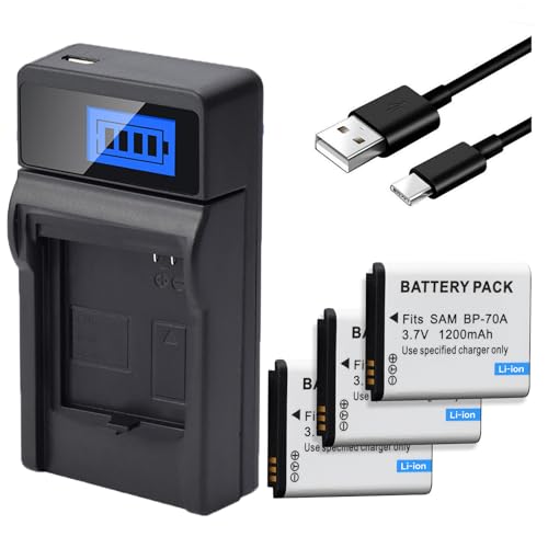 Tenberly 3 Pack BP-70A Replacement Batteries with Charger for Samsung BP70A BP 70A WB30F, WB35F, WB50F, DV150F, ST150F, MV800, ES65, ES67, ES70, ES71, ES73, ES74, ES75, PL20, PL80, PL90, PL100, PL101