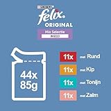 Felix Mix Auswahl in Gelee Katzenfutter, Nassfutter Mahlzeitbeutel mit Rund, Huhn, Lachs & Thunfisch, 44 x 85g (44 Mahlzeitenbeutel; 3,7kg)