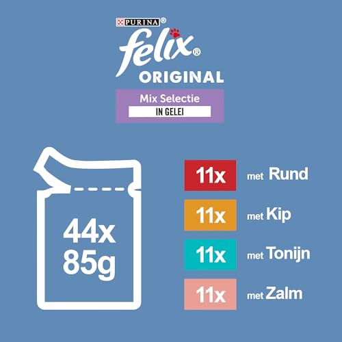Felix Mix Auswahl in Gelee Katzenfutter, Nassfutter Mahlzeitbeutel mit Rund, Huhn, Lachs & Thunfisch, 44 x 85g (44 Mahlzeitenbeutel; 3,7kg)