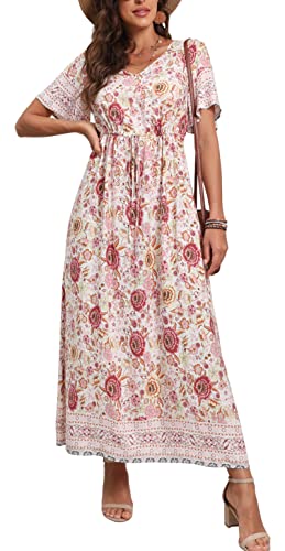 GRECERELLE Vestido largo bohemio de verano para mujer, vestido de playa con estampado floral, cuello en V, manga corta, cordón de cintura alta, vestido largo midi, A10 Hibiscus White, L Cover