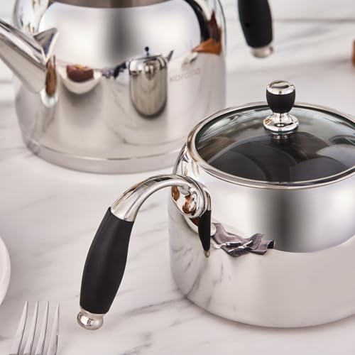 Karaca Stella Edelstahl Teekessel-Set, Wasserkocher 2 Liter & Teekanne 1 Liter, Hochwertiger rostfreier Edelstahl (18/10), Kapselboden für Induktion geeignet, Wärmeresistente Griffe