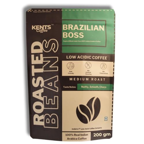 Image of Kents Coffee Brazilian Boss | Roasted Coffee Beans | LOW ACIDIC COFFEE | Best Medium Roast | 100% Arabica from Chikmagalur | Taste Like Nutty, Smooth & Choco Notes | Freshly Roasted | Chikmangalur Single Estate Speciality Bean | Sun-Dried & Washed Arabica (200g)