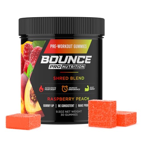 Bounce Pro Shred Blend Pre Workout Gummies Raspberry Peach 30 Vegan Gummies with 260mg Caffeine Ashwagandha & L-Theanine for Energy Focus & Endurance (30 Count (Pack of 1) Raspberry Peach)