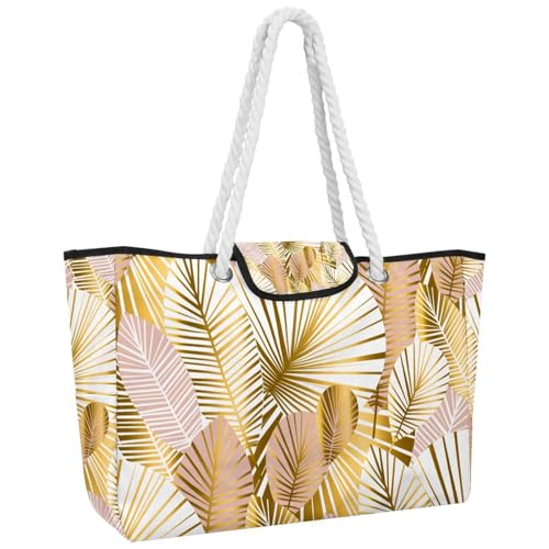 VAPOKF Bolso de mano grande para mujer, con asa superior, para viajes, trabajo, escuela, compras, color dorado y hojas de rosa pálido, multicolor, 14.5x20.8x5.5in/37x53x14cm