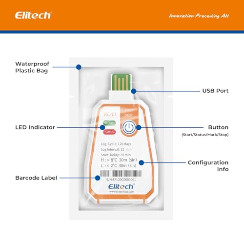 Image of Elitech USB PDF Data Logger Recorder Single-use Disposable, up to 120 Days Transportation, Temperature Monitoring Report -22~158℉ RC-17