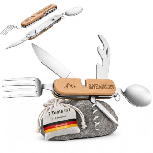 Gipfelgaudi All-in-One Camping Besteck: ideal zum Wandern, Picknick & mehr I Plastikfreies Besteck To Go aus rostfreiem Edelstahl & Holz – Ansicht 1