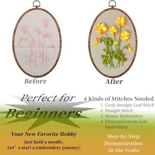 Image of FONNUY Ribbon Embroidery 3D Flowers Pattern Design Kit Embroidery DIY Handwork Set Oval Home Decoration (Yellow Begonia)