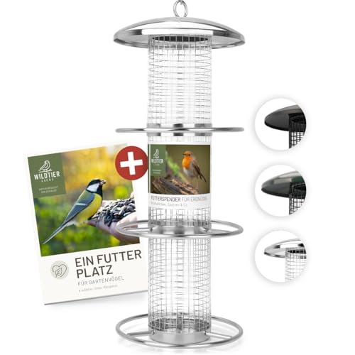 wildtier liebe Vogelfuttersäule Edelstahl 35cm, Silber - Erdnussfutterspender aus rostfreiem Edelstahl, Vogel Futterstation, Futtersäule, Nüsse Erdnüsse, Wildvögel Futtersilo