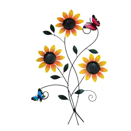 Komergave Metal Sunflower Wall Decor, Garden Wall Art Outdoor, 3D Sunflower Butterfly Fence Decorations, Bright Floral Hanging Sculpture for Garden Courtyard Porch Patio Living Room Farmhouse Balcony