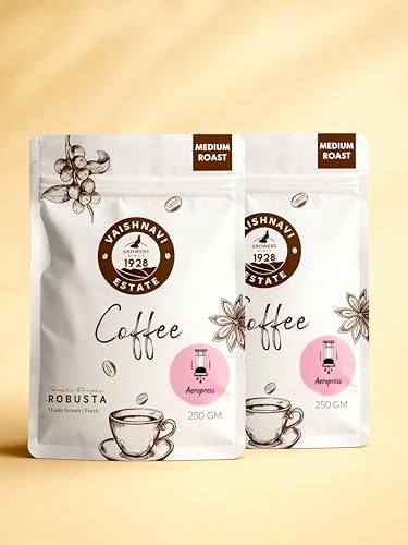 Image of Vaishnavi Estate's Medium Roast Medium Roast Robusta Coffee | Single Origin | Shade Grown | Freshly Roasted & Ground | Aeropress - (250g, Pack of 2)